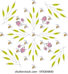 Hand drawn colorful bees and flowers. Summer meadow collection. Beautiful design for your textile, paper, cards, web page background. Vector seamless pattern.
