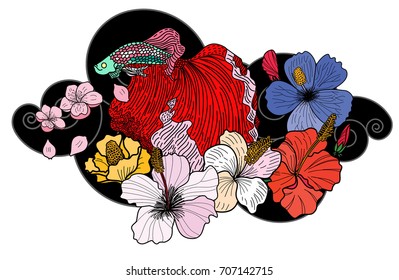 Hand drawn colorful beta fish and sakura vector with hibiscus flower isolate on white background.Japanese tattoo style.Traditional Japanese culture for printing on background.