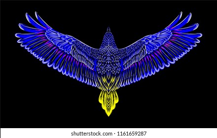 Hand drawn colorful bird on black background. Eagle. Vector illustration. Sketch of tattoo. Print for t hirt. Detailed isolated image.Owl. Condor. Falkon. Zentangle wild animal. Flight of raven.