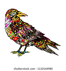 Hand drawn colorful bird in zentangle style. Crown ornamental silhouette. Hippie ornamental pattern. Ethnic tattoo design. Isolated vector illustration.