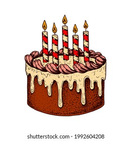 Hand drawn colorful Birthday cake with candles isolated on white. Vector illustration in sketch style