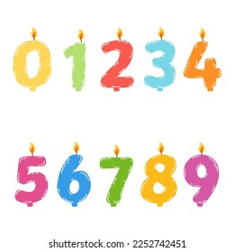 Hand drawn colorful birthday candles numbers with burning flame. Vector illustration of design element for birthday cakes in flat style.