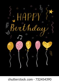 Hand drawn colorful Birthday card with lettering, golden texture balloons, crowns, confetti isolated on black background. Vector illustration.