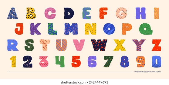 Hand drawn colorful bizarre alphabet thick font with different textures, unusual latin typeface in matisse art style, vector bold letters and numbers