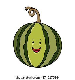Hand drawn colorful black outline smiling watermelon vector illustration isolated on a white background. Cartoon vegetables and fruits characters concept.