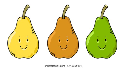 Hand drawn colorful black outline smiling pear set isolated on a white background. Cartoon vegetables and fruits characters concept.