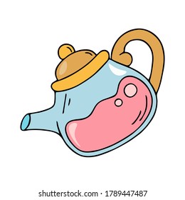 Hand drawn colorful black outline cartoon stylized tea pot vector illustration isolated on a white backgriound.