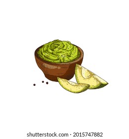 Mano dibujó colorido tazón de guacamol con aguacate. Ilustración vectorial aislada en fondo blanco.