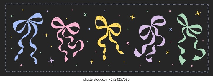 Arcos e fitas coloridos desenhados à mão em cores pastel. Perfeito para design de presente, celebração, embalagem, cartões de felicitações.