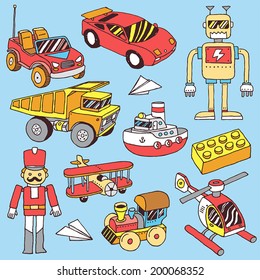 Hand drawn colorful boys toys set. Vector illustration.