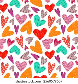 Hand drawn colorful bright hearts with grunge textures, lines and doodles. Seamless pattern with hearts for Valentine's Day. Trendy design, modern vector background.