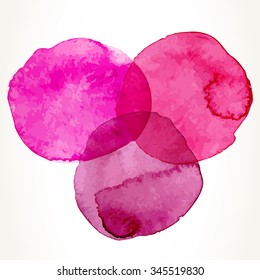 Hand drawn colorful bright pink watercolor circles, isolated over white.