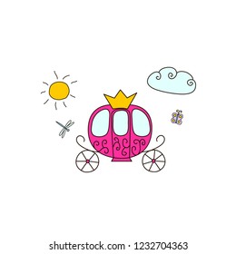 Hand drawn colorful brougham with cloud and sun in doodle style. Vector illustration. Suitable for posters, greeting cards and templates.