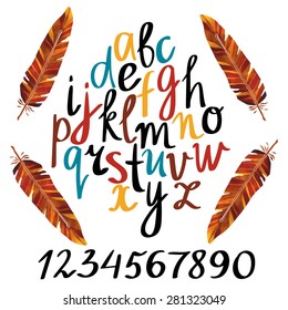 Hand drawn colorful brush whiting alphabet, font, letters, numbers, watercolor feathers on white background  