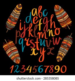 Hand drawn colorful brush whiting alphabet, font, letters, numbers and ethnic, tribal art feathers isolated on black background 