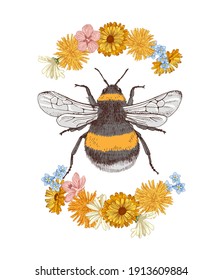 Hand drawn colorful bumblebee with bright floral garlands. Vector illustration in retro style