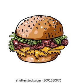 Hand Drawn Colorful Burger With Bacon, Cheese And Shredded Lettuce.