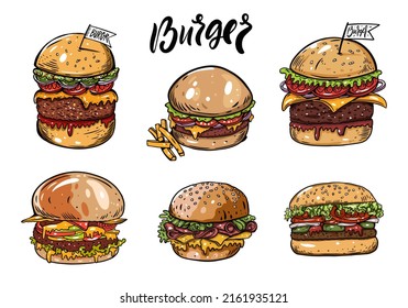 Hand drawn colorful burger set sketch. Vector illustration isolated on white background. Design for menu, cafe and bar.