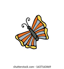 Hand drawn colorful butterfly isolated on a white background. Doodle, simple outline illustration. It can be used for decoration of textile, paper and other surfaces.
