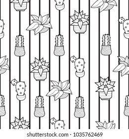 Hand drawn colorful hand drawn cactus black and white seamless pattern vector