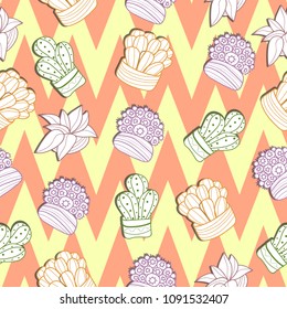 Hand drawn colorful hand drawn cactus retro seamless pattern vector