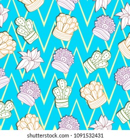 Hand drawn colorful hand drawn cactus retro seamless pattern vector