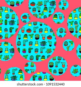Hand drawn colorful hand drawn cactus retro seamless pattern vector
