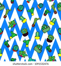 Hand drawn colorful hand drawn cactus retro seamless pattern vector