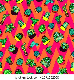 Hand drawn colorful hand drawn cactus retro seamless pattern vector