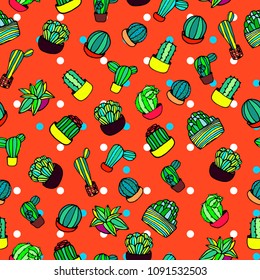 Hand drawn colorful hand drawn cactus retro seamless pattern vector