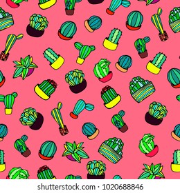 Hand drawn colorful hand drawn cactus seamless pattern vector