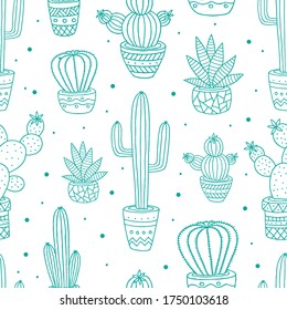 Hand drawn colorful cactus seamless pattern. Vector illustration.