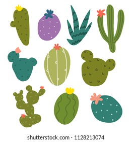 Hand drawn colorful cactus set. Decorative cacti design elements for prints, patterns and floral decor. Vector illustration.