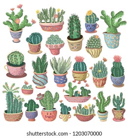 Hand drawn colorful cactuses set. Houseplant, cactus, tropical plants. Vector illustration