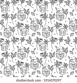 Hand drawn colorful cake, bakery, and pastry seamless pattern with strawberry and floral leaf elements in black linear style and isolated white background for textile, fabric, paper, or gift wrapping