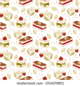 Hand drawn colorful cake, bakery, and pastry seamless pattern with strawberry and floral leaf elements in cute cartoon style and isolated white background for textile, fabric, paper, or gift wrapping