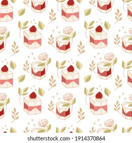 Hand drawn colorful cake, bakery, and pastry seamless pattern with strawberry and floral leaf elements in cute cartoon style and isolated white background for textile, fabric, paper, or gift wrapping