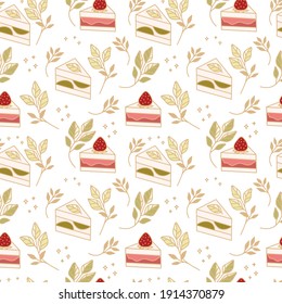 Hand drawn colorful cake, bakery, and pastry seamless pattern with strawberry and floral leaf elements in cute cartoon style and isolated white background for textile, fabric, paper, or gift wrapping