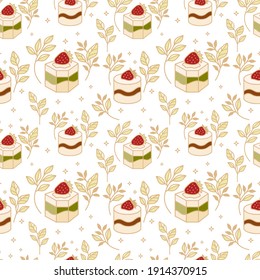 Hand drawn colorful cake, bakery, and pastry seamless pattern with strawberry and floral leaf elements in cute cartoon style and isolated white background for textile, fabric, paper, or gift wrapping