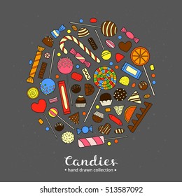 Hand drawn colorful candies including chocolate, jelly, lolly, fruit composed in circle shape.