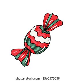 A hand drawn colorful candy for Christmas, New Year or Birthday. Candy  for decoration holiday cards and invitations to the winter holidays or Birthday. Isolated on white.