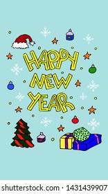 Hand drawn colorful card 'happy new year', doodles