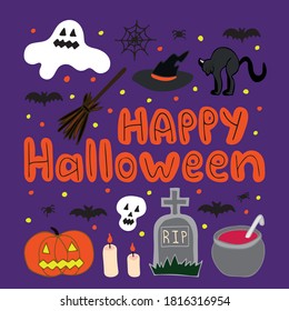 Hand drawn colorful card 'happy halloween', doodle. Vector illustration. EPS 10