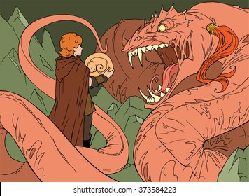 Hand drawn colorful cartoon fantasy illustration of a huge frightening monster snake hissing at the hero who brought this snake her egg 