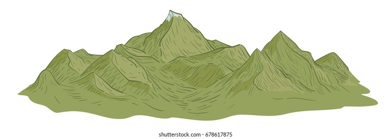 Hand drawn colorful cartoon green mountains sketch in engraving style. Vector illustration.