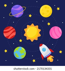 Hand drawn colorful cartoon space elements set. Vector illustration.