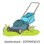 Hand drawn colorful cartoon vector illustration with lawnmower, mower clipart