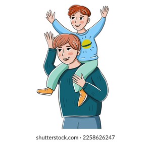Dibujo a mano de coloridas caricaturas ilustraciones vectoriales con un padre y un hijo felices sentados sobre sus hombros