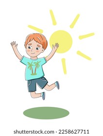 Hand drawn colorful cartoon vector illustration with happy jumping boy on vacations