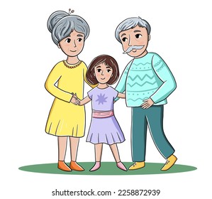 Hand drawn colorful cartoon vector illustration with girl and her grandparents. Grandmother, grandfather, happy family clipart
